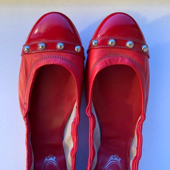 Tod’s Red Leather Ballet Flats w/Silver Studs 38.5 - Picture 4 of 4
